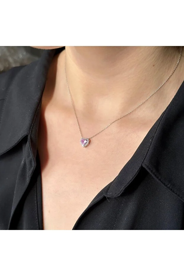 Işıklı Kolye Kutulu Gümüş Pırlanta Montür Kalp Kolye